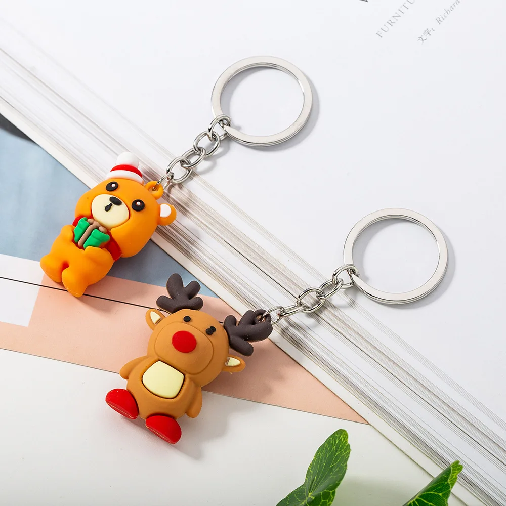 

Cute Cartoon Pendant Keychain Key Ring Silicone Santa Claus Snowman Elk Bear Metal Keychains Christmas Ornament Key Rings