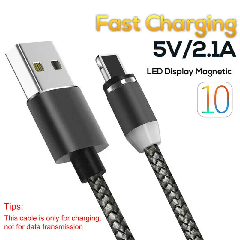 Светодиодный Магнитная застёжка Micro USB/type-C/IOS круглый кабель для быстрой зарядки