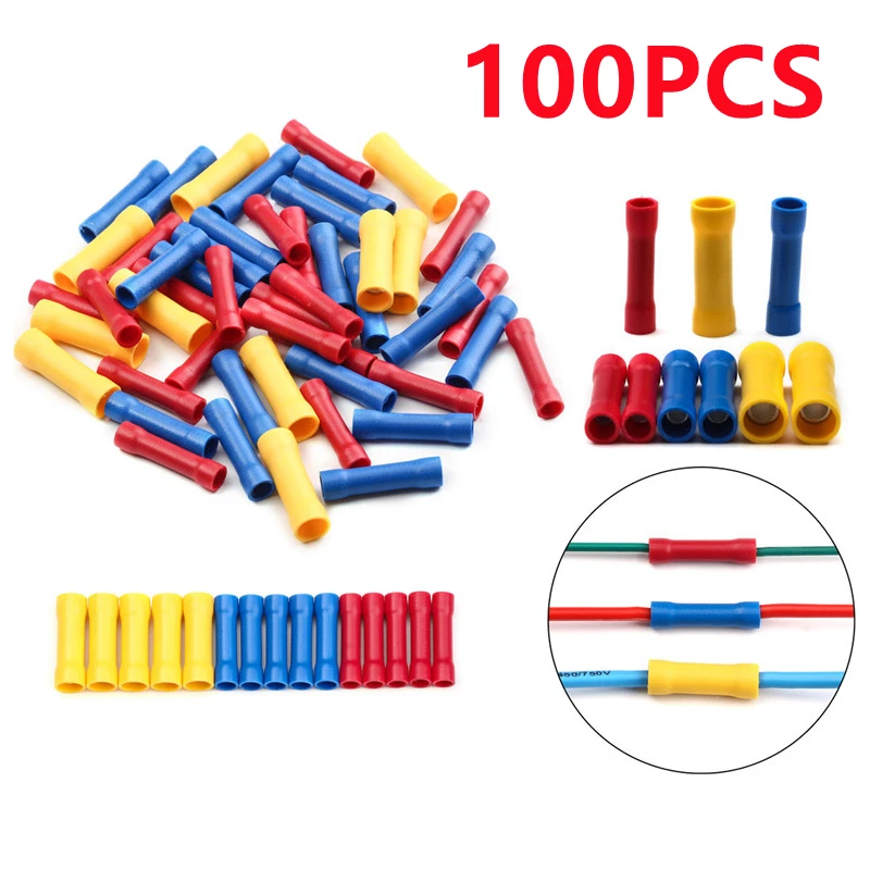

100/50pcs Copper Insulated Straight Wire Crimp Connector Electrical Cable Butt Terminals Set BV1.25 BV2.5 BV5.5 Splice Terminals