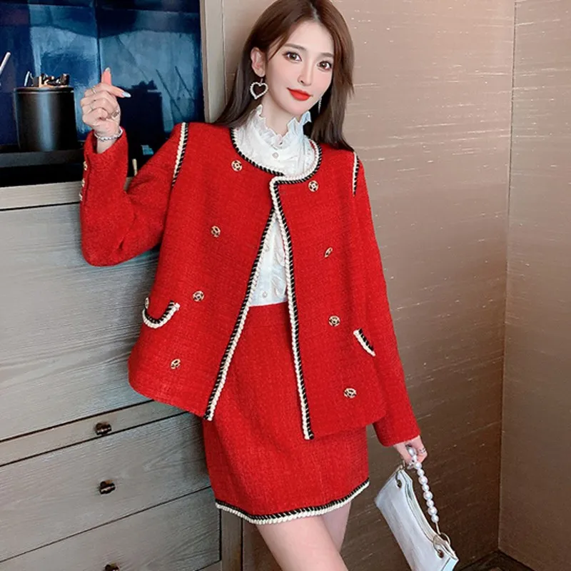 

2021 Autumn High Quality Women Two Piece Outfits Short Tweed Coat Jacket+ Bodycon Skirt Suit 2 Piece Sets