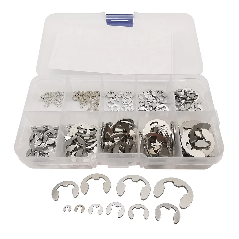 

200Pcs/Box 304 Stainless Steel Circlip Retaining Ring E-type Open Clip Washer Assortment Kit 1.5mm-10mm for Shaft Fastener