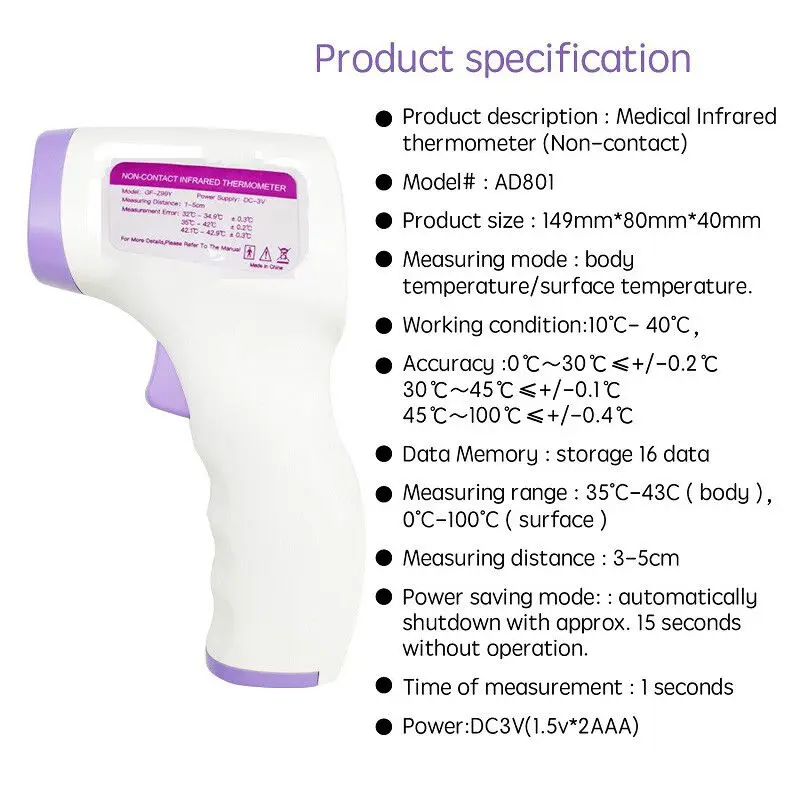 

Non-Contact Infrared Forehead Thermometer Digital LCD Display with Backlight TermometroTemperature Thermometer Gun Instrument
