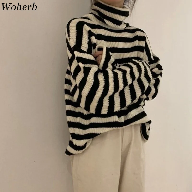 Осенний свитер Woherb с высоким воротником винтажный женский джемпер в стиле