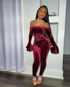 BKLD Женский комплект 2 шт., 2019, осенняя Сексуальная облегающая Клубная одежда с открытыми плечами, с расклешенными длинными рукавами, бандажные топы и штаны, бархатные комплекты