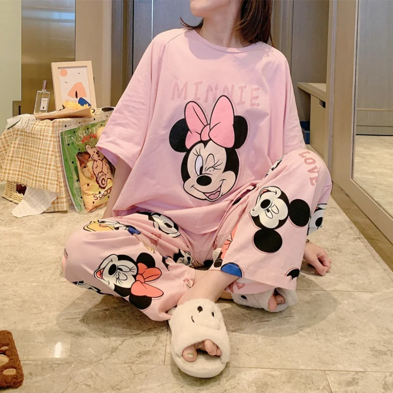 M-2XL Plus Size Disney Anime Minnie Mickey Mouse Pajamas Set Woman Summer Casual Tops and Pant Loose Soft Pijama Mujer Sleepwear