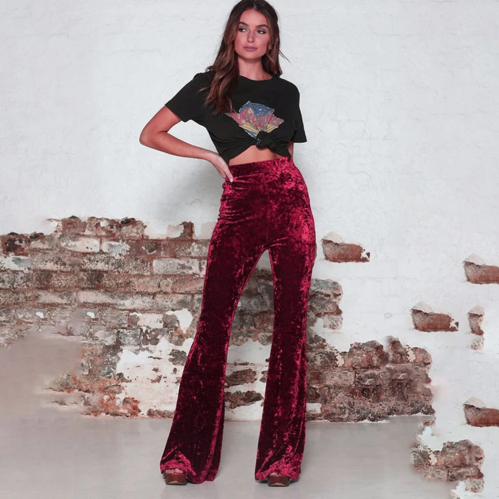 Womens High Waist Gold Velvet Flare Leggings Ladies Solid Casual Stretch Wide Leg Trousers