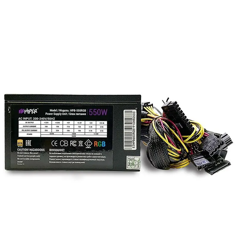 Блок питания HIPER HPB 550RGB 550W ATX 2.31 140х140 mm Fan 5x SATA 2x PCI E 1x CPU EPS12V 200 240 В 20+4 pin|Блоки для