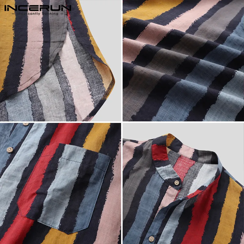 

INCERUN Fashion Striped Sleep Robes Mens Long Sleeve Round Neck Homewear Loose Pockets Nightgown Cotton Men Bathrobes Plus Size