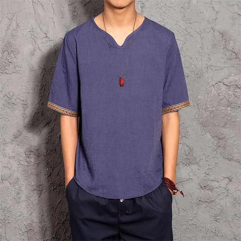 

New Summer Brand Shirt Men Short Sleeve Loose Ultra Thin Cotton Linen Shirt Male Fashion Solid Color Trend V-Neck Tees