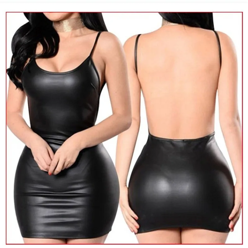 

Sexy PU Leather Jumpsuit Tight-Fitting Women’s Skirt Exotic Dresses Party Black Bodycon Mini Dress Hip Tight