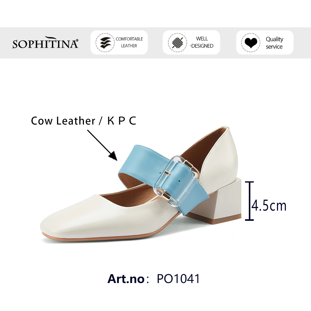 

SOPHITINA Pumps Woman Mix Colors Shallow Square Toe Genuine Leather Buckle Strap Med Chunky Heel Office Lady Shoes PO1041