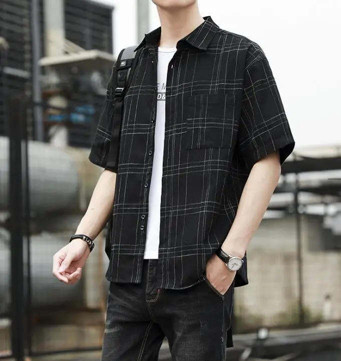 

Check short-sleeved shirt men's five-point sleeve shirt loose jacket