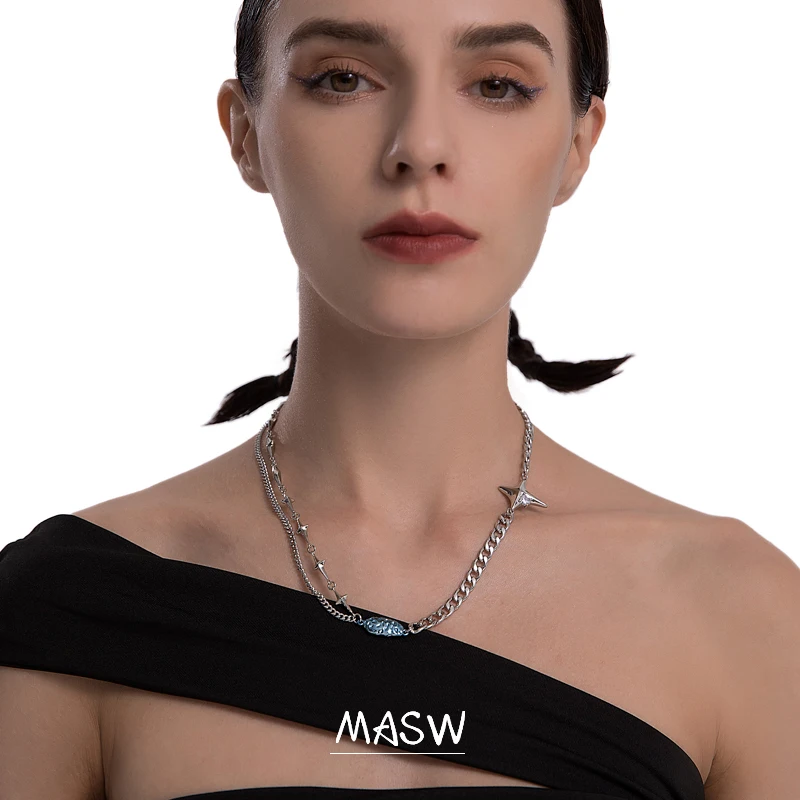 

MASW Original Design Metal Chain Necklace 2021 New Trend Geometric Star Asymmetrical Blue Pendant Necklace Women Jewelry Gifts