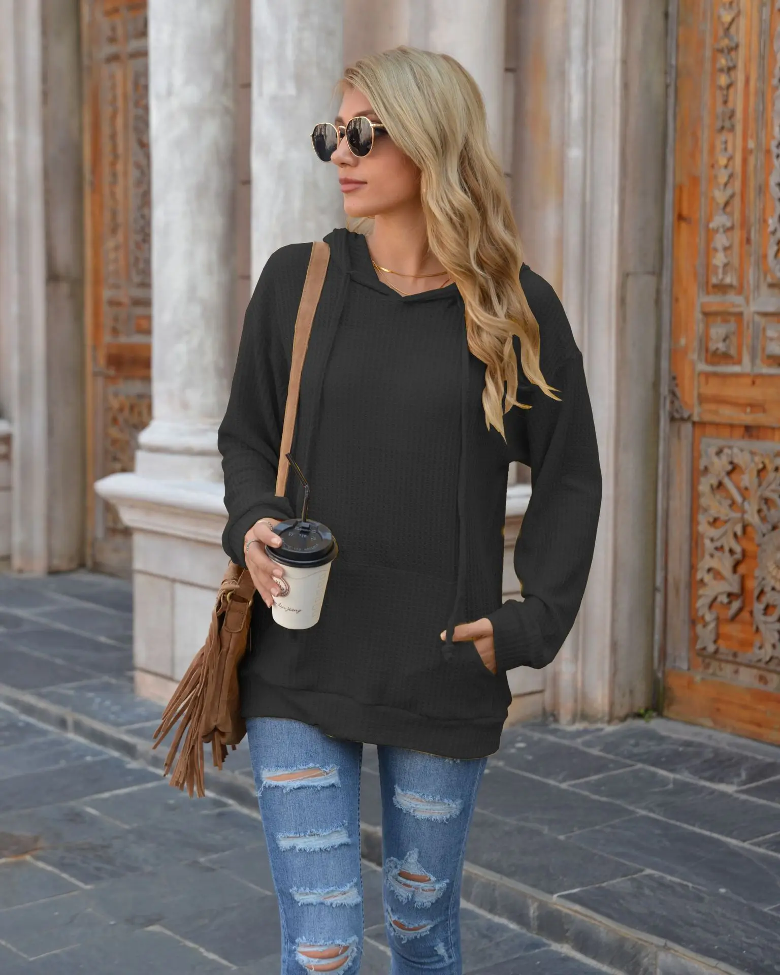 

Autumn/winter Women's Waffle Pocket Hooded Long-sleeved Shirt Loose-fitting Sweater
