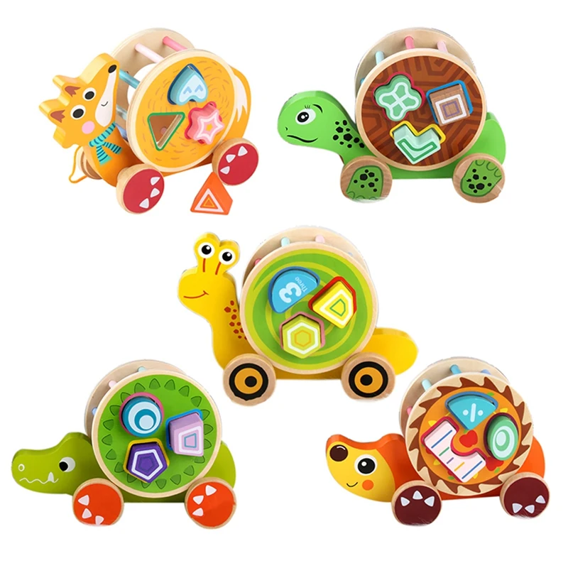 

Fun Learning Cartoon Animal Trailer Wood Toy Shape Matching Cognitive Wooden Building Blocks Toys for Children