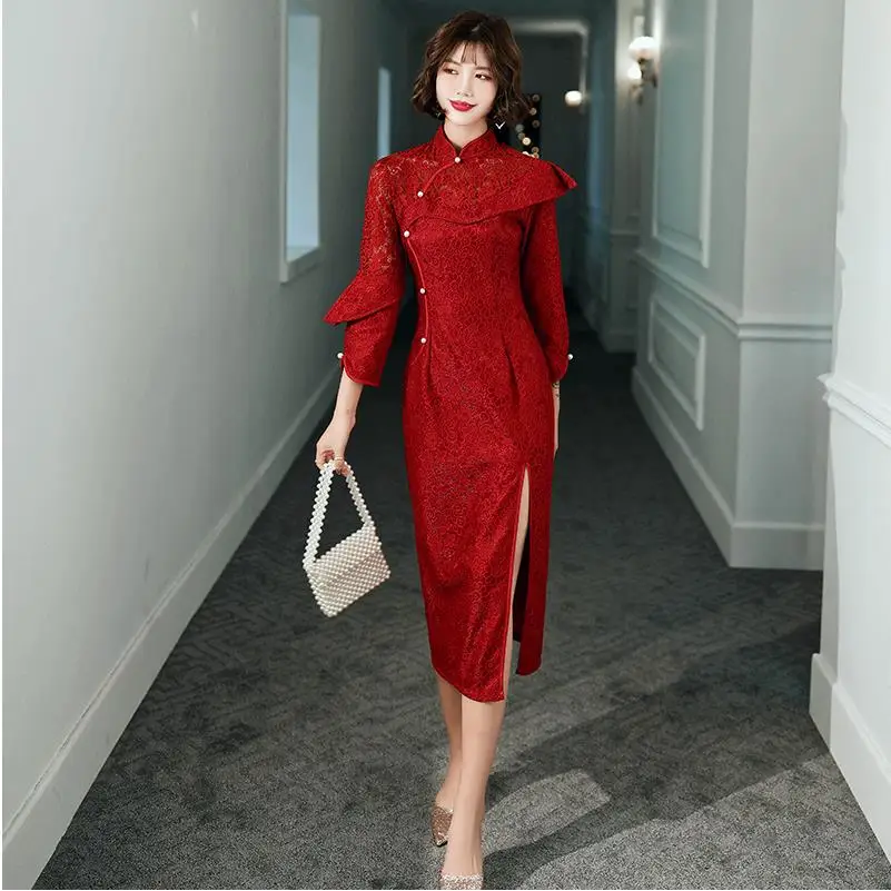 

Свадебное длинное красное кружевное Ципао, современное элегантное традиционное платье, наряд в китайском стиле Тан, платье для выпускного вечера