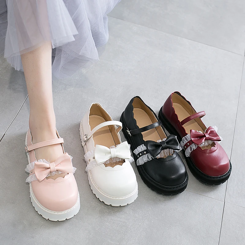 

Japanese Sweet Lolita Shoes Pink White Red Black Bow Harajuku Heels Women Cute Shoes Korean Women Shoes Round Head Kawaii Shoes