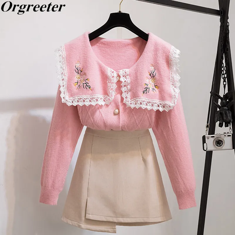 

Korean Sweet Knitted Cardigan Mini Skirt Two Piece set Women Lace Trim Peter Pan collar Button Sweater Irregular Mini Skirt Suit