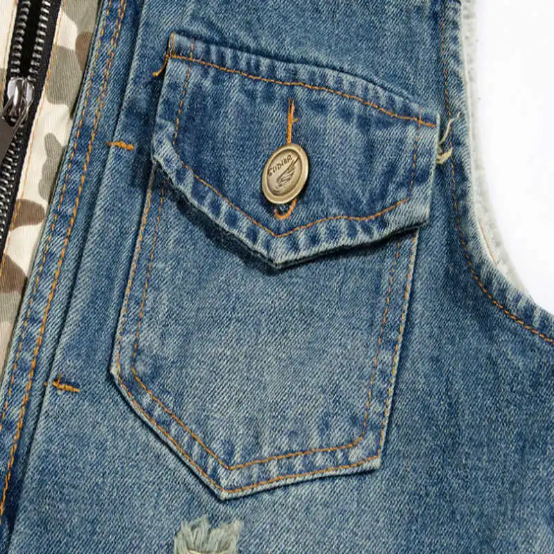 

New Denim Vest Men's Jacket Hooded Sleeveless Jackets Camouflage Waistcoat Frayed Casual Denim Vest Male 4XL