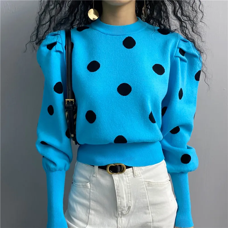 

Vintage Contrast Color Wave Point Sweater Bubble Sleeve Round Collar Short Knitted Pullover Sweaters Winter Clothes Women