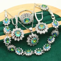 classic rainbow topaz 925 sterling silver jewelry sets for women bracelet earrings necklace pendant ring wedding bride 4pcs