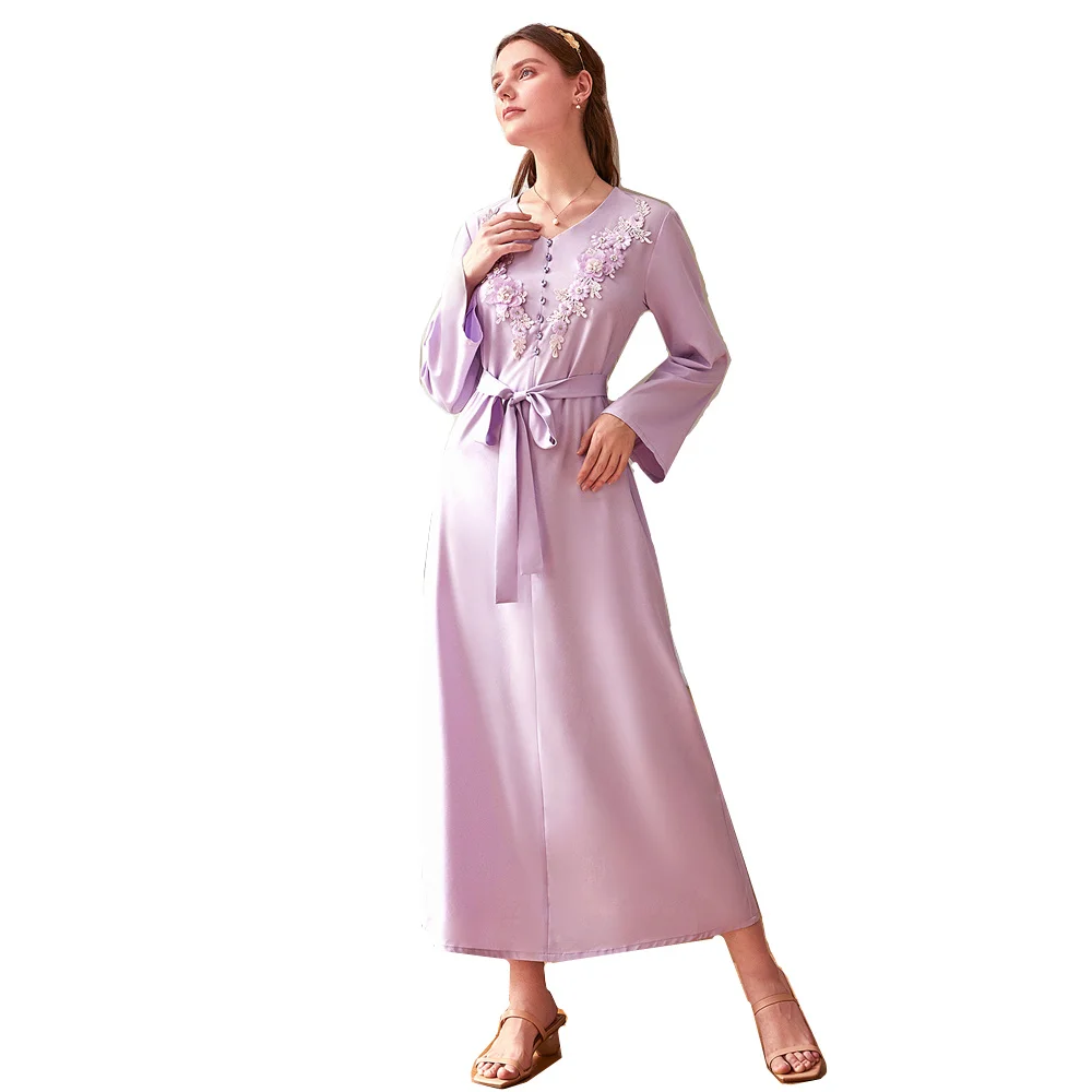 

Purple appliques muslim fashion abaya dress women diamond belt long skirt islam clothing Dubai Turkish Malay women Robe MSL900
