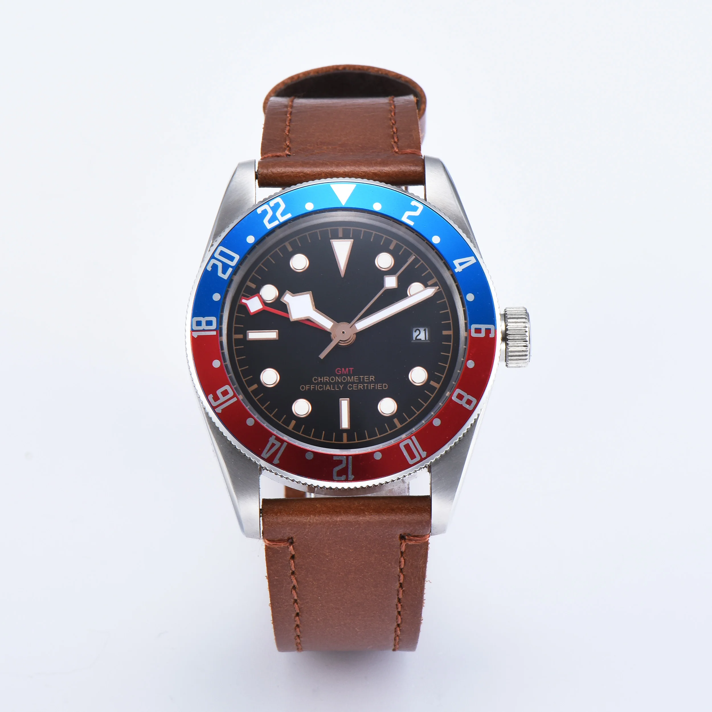 Corgeut 41 мм GMT часы черный циферблат Bay и красный ободок кожа механические
