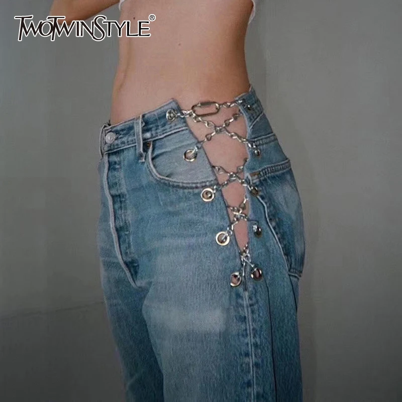 Женские длинные джинсы TWOTWINSTYLE черные прямые винтажные составного кроя с