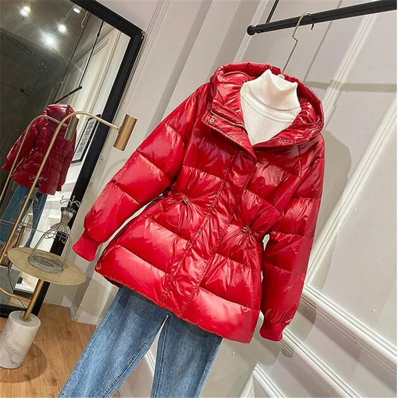 Новые женские парки глянцевая ткань шнурок с капюшоном пуховик пальто | Женская