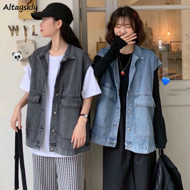 

Vests Waistcoats Women Denim Coats Loose Vintage Retro Oversize Korean Style Loose Womens Cargo Streetwear Outwear Simple Casual