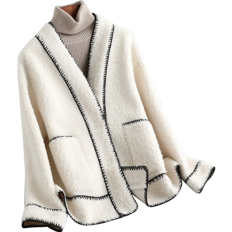 Genuine Wool Blend Fur Coat Autumn Winter Women Warm Outerwear Overcoat LF2086