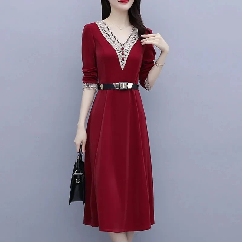 

Fashion Lace Patchwork Elegant Dress Women Spring Autumn V-Neck Long Sleeve Dress With Belt Ladies Casual Oversized Midi Dress
