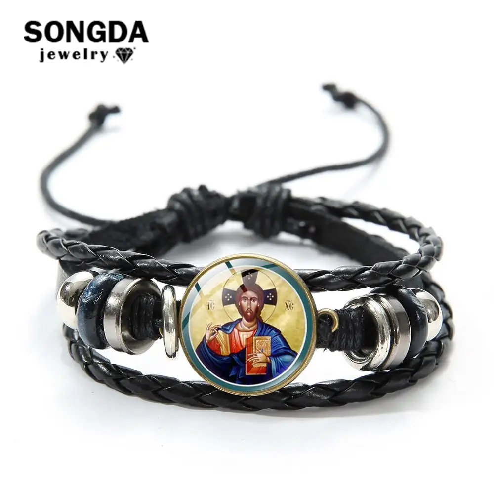 SONGDA Новинка портрет Иисуса стеклянный купол кожаный браслет христианская вера