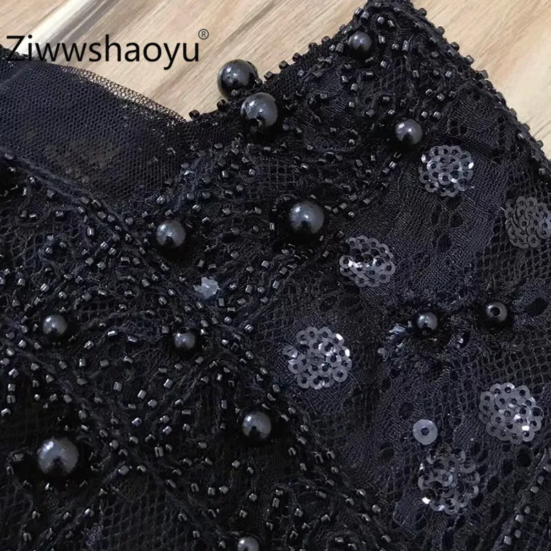 Ziwwshaoyu Новое поступление Подиумные женские черные сетчатые Мини платья роскошное украшение блестки бисером 3/4 рукав вечерние платья