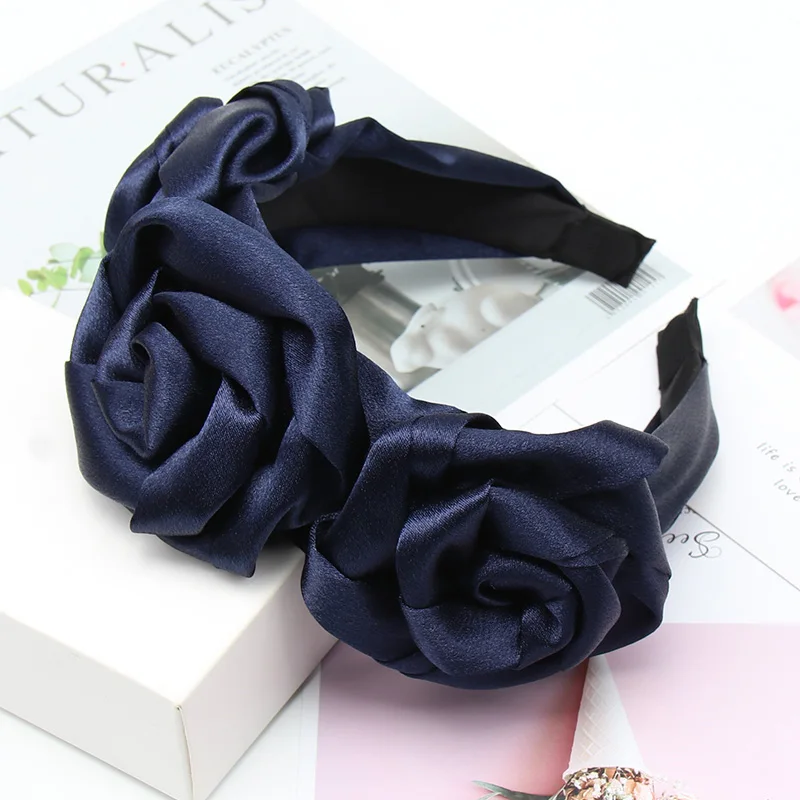 Navy(Satin) Однотонный Шифоновый Цветок Розы ободки для женщин девушек элегантные повязки для волос невесты женские аксессуары для волос вечерние праздничные волосы обруч - Цвет: Navy(Satin)
