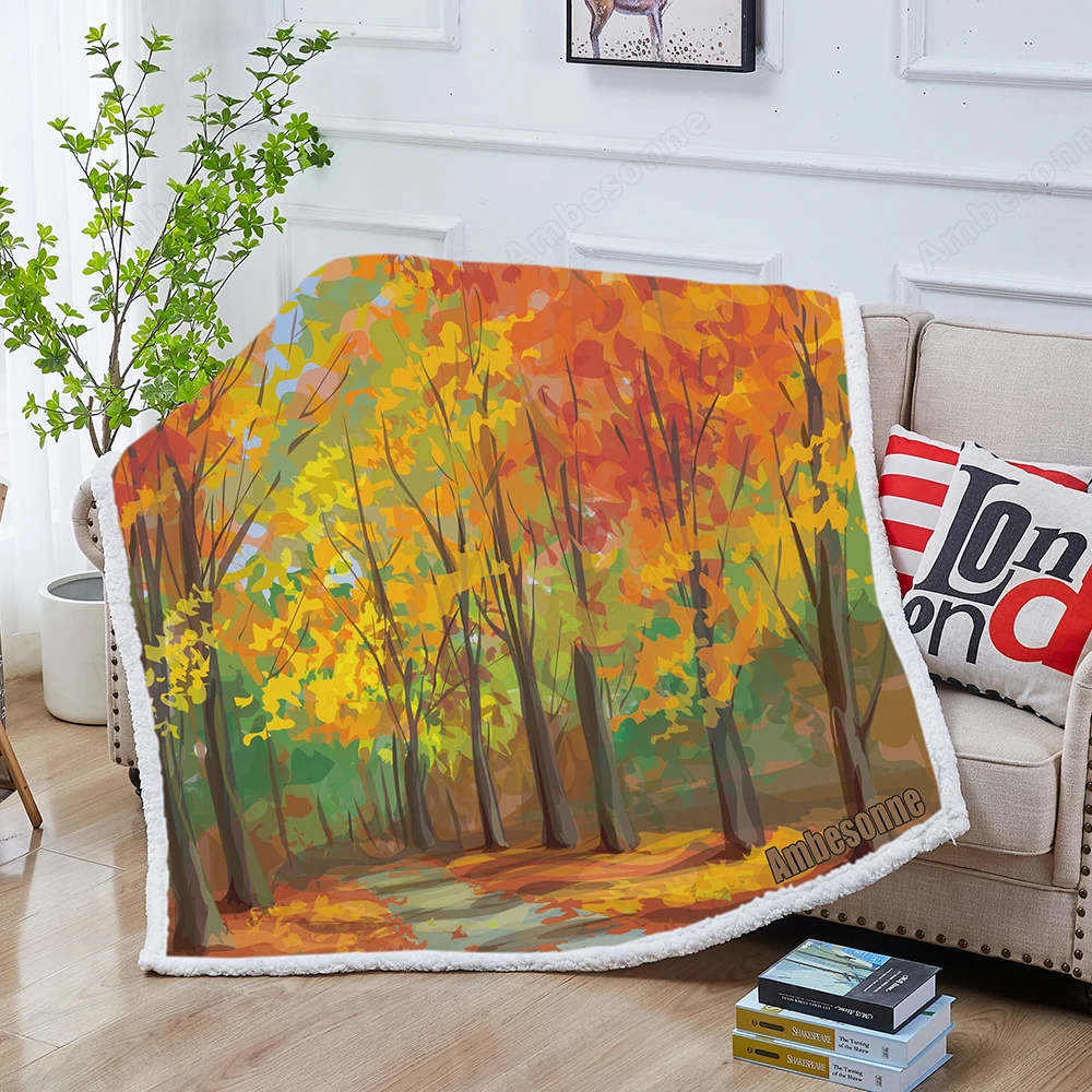 

Landscape Oil Painting - Colorful Autumn Forest Sherpa Throw Blanket 3D Printed Bedspread Photography Plush Blankets