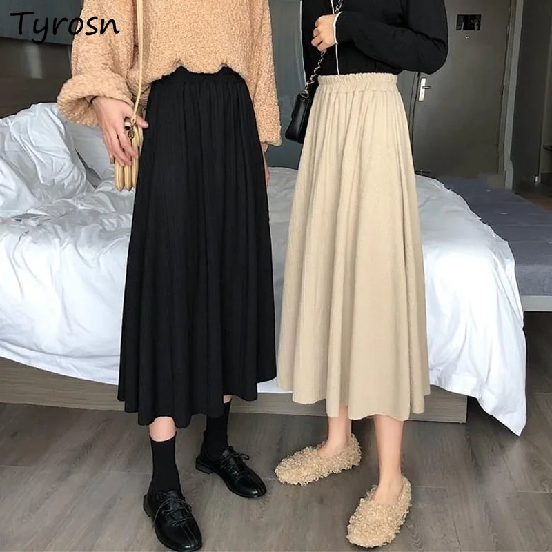 

Women Mid-calf Skirts Solid Empire Waist Stretchy Elegant Female Temperament Tender All-match Korean Style A-line Draped S-5XL