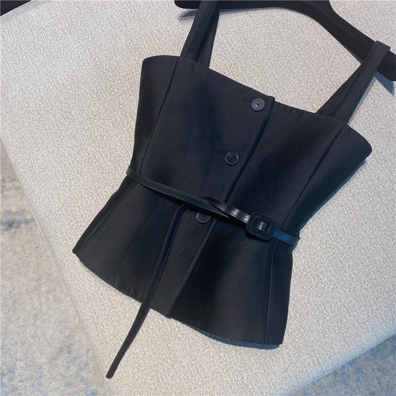 

Straight Slim Camis For Women Square Collar Sleeveless Sashes Female Korean Summer Fashion Clothes Solid Sexy Vests