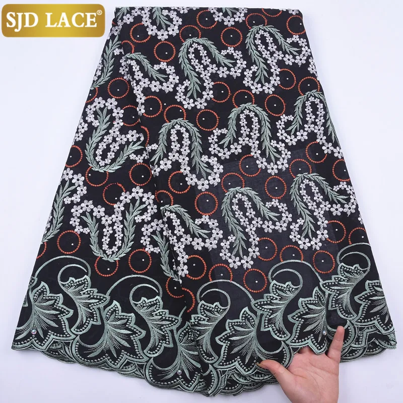 

SJD LACE African Dry Lace Fabric Embroidery Swiss Cotton Lace In Switzerland With Stones Voile Laces For Wedding Party Sew 2061B