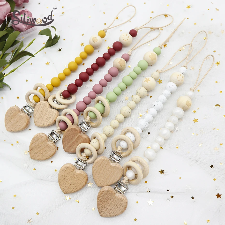 Clips de coraz&oacute;n para chupete, cadena de madera, anillo de cuentas de silicona sin BPA, soporte para chupete, cadenas para chupete, juguetes para dentici&oacute;n de beb&eacute;, Clips para pezones-4
