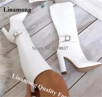 linamong elegant pointed toe chunky heel knee high boots white black brown matte leather thick heel long boots party dress shoes