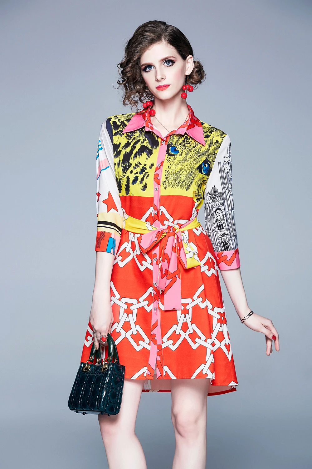 Женское платье рубашка с длинным рукавом Повседневное средней длины принтом