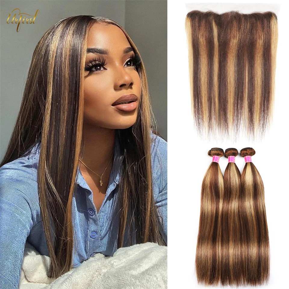 Highlight Straight Bundles With Frontal Brazilian HD Transaprent Lace Frontal With Bundles Human Hair Bundles With Frontal Remy