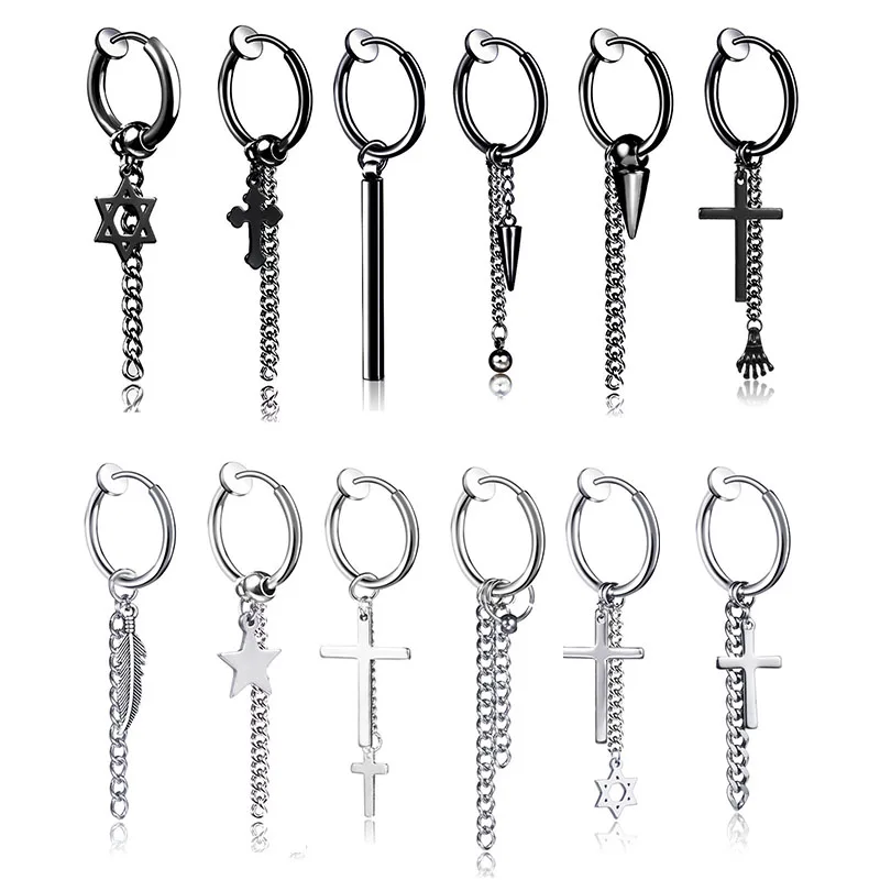 Простой Крест кисточкой из нержавеющей стали клип серьги для женщин панк полая