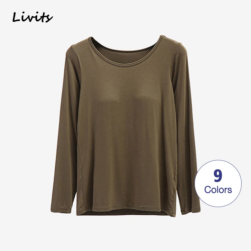 Women T-Shirts Built-in Bra Padded Stretchable Modal Push-Up Tops Tshirts Round Neck Long Sleeve Sexy Casual Korean SA0222