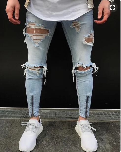 

European And American Personality New Style Men's High Street Broken Hole Beggar Pants Elastic Slim Feet Jeans Pants
