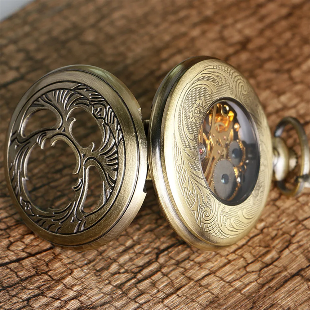 Bronze Hollow Pattern Display Mechanical Pocket Watch Hand Winding Retro Pendant Manual Mechanism Pocket Clock Gifts Male