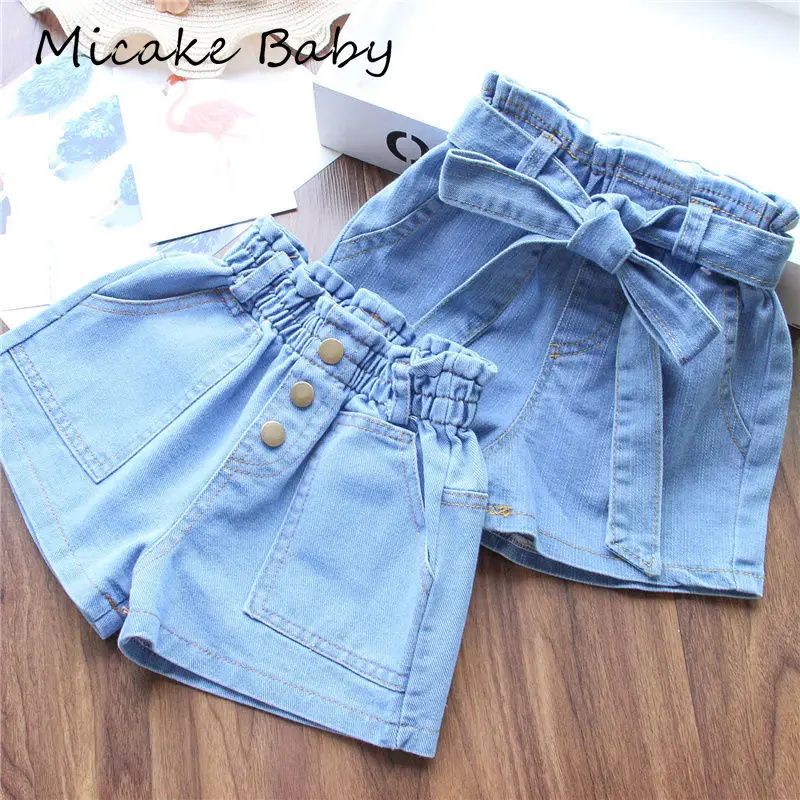 

2-12Y Summer Kid Girls' Denim Shorts Blue Button Bow High Waist Pants Little Girl Clothes Leisure High Loose Short Jeans Pants