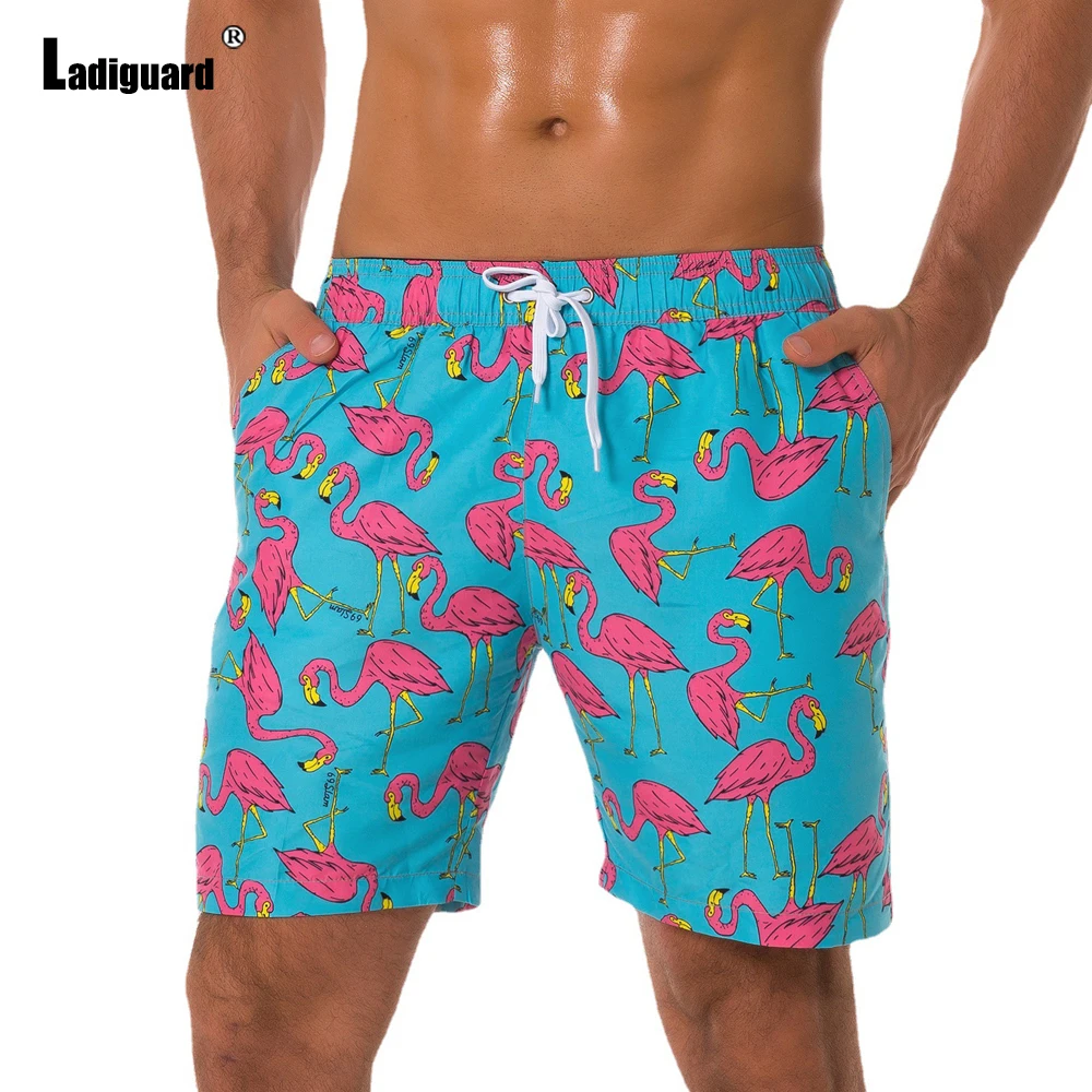 Ladiguard Plus size Men Leisure Flamingo Print Shorts 2022 Summer New Sexy Drawstring Shorts Male Casual Pocket Beach Half Pants