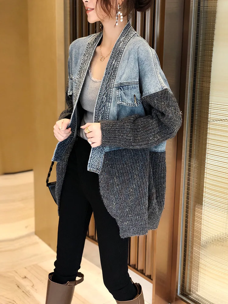 

Женский джинсовый свитер в стиле пэчворк, вязаный кардиган большого размера в уличном стиле на осень и зиму, 2021